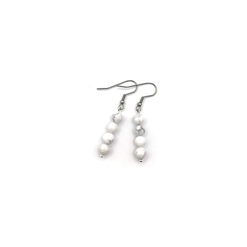 White Howlite Gemstone Dangle Earrings - Handmade Mother's Day Gift for Mom - Stainless Steel Ear Wires