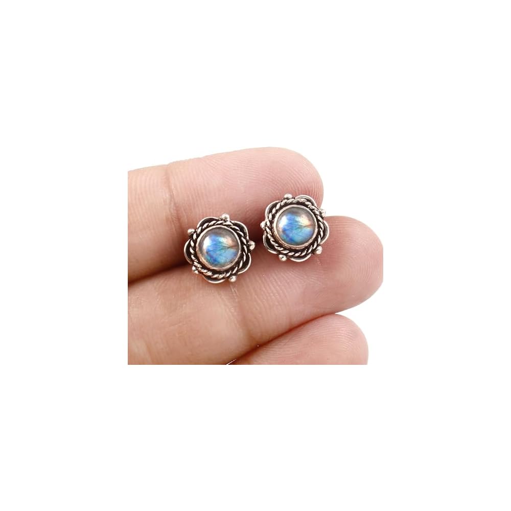 925 Sterling Silver Gemstone Stud Earrings for Women | Handmade Birthstone Jewelry | Labradorite, Turquoise, Carnelian, Moonstone, Black Onyx, Amethyst
